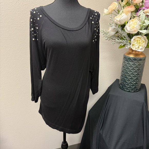 Ocasion Tops - Ocasión Black Embellished Pearl Shoulder Dolman Sleeve Tunic Top 2X